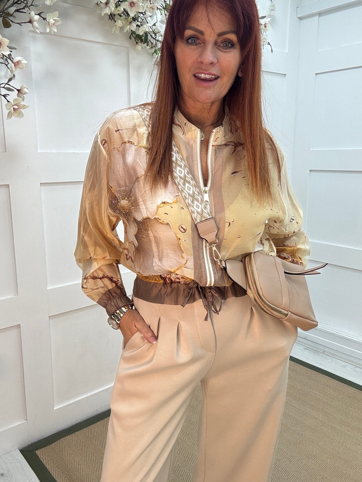 Tayla: Cream high waisted pleated wide leg trousers. One size: 10-16