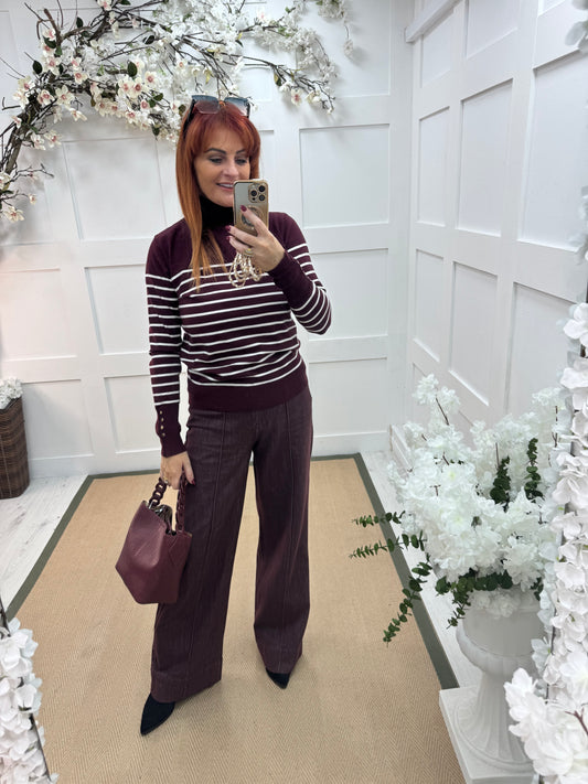 Karina: Burgundy & white striped polo neck top. One size 10-14