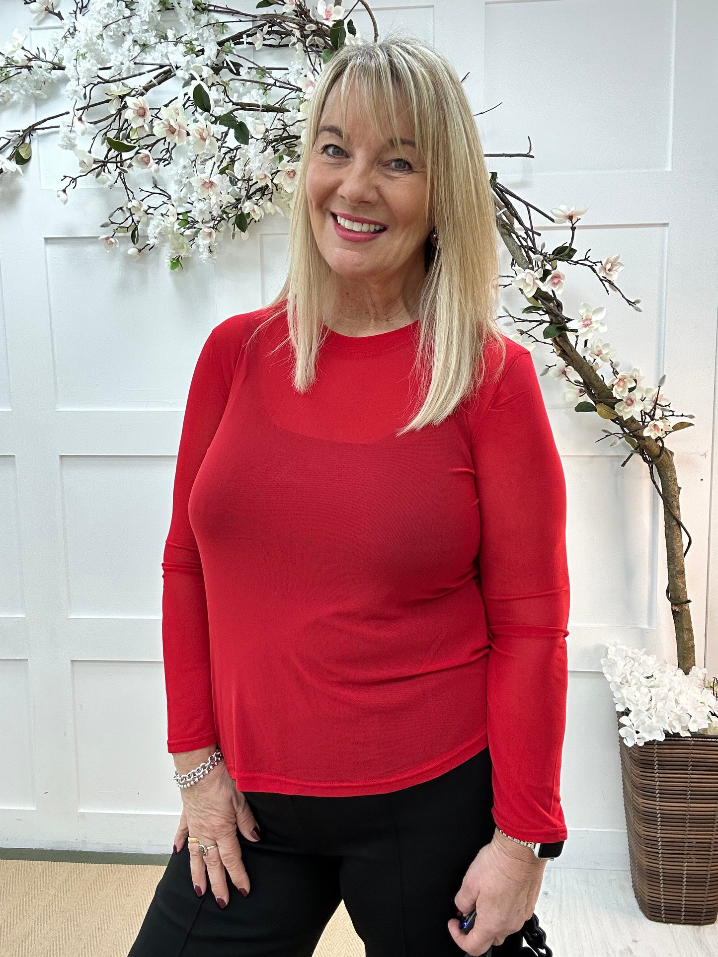 Romy: Red sheer mesh top. One Sz: 12-18