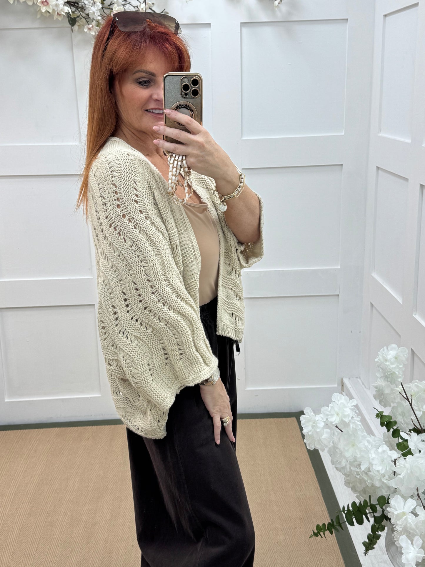 Vicky: Cream knitted batwing cardigan. One size: 10-20
