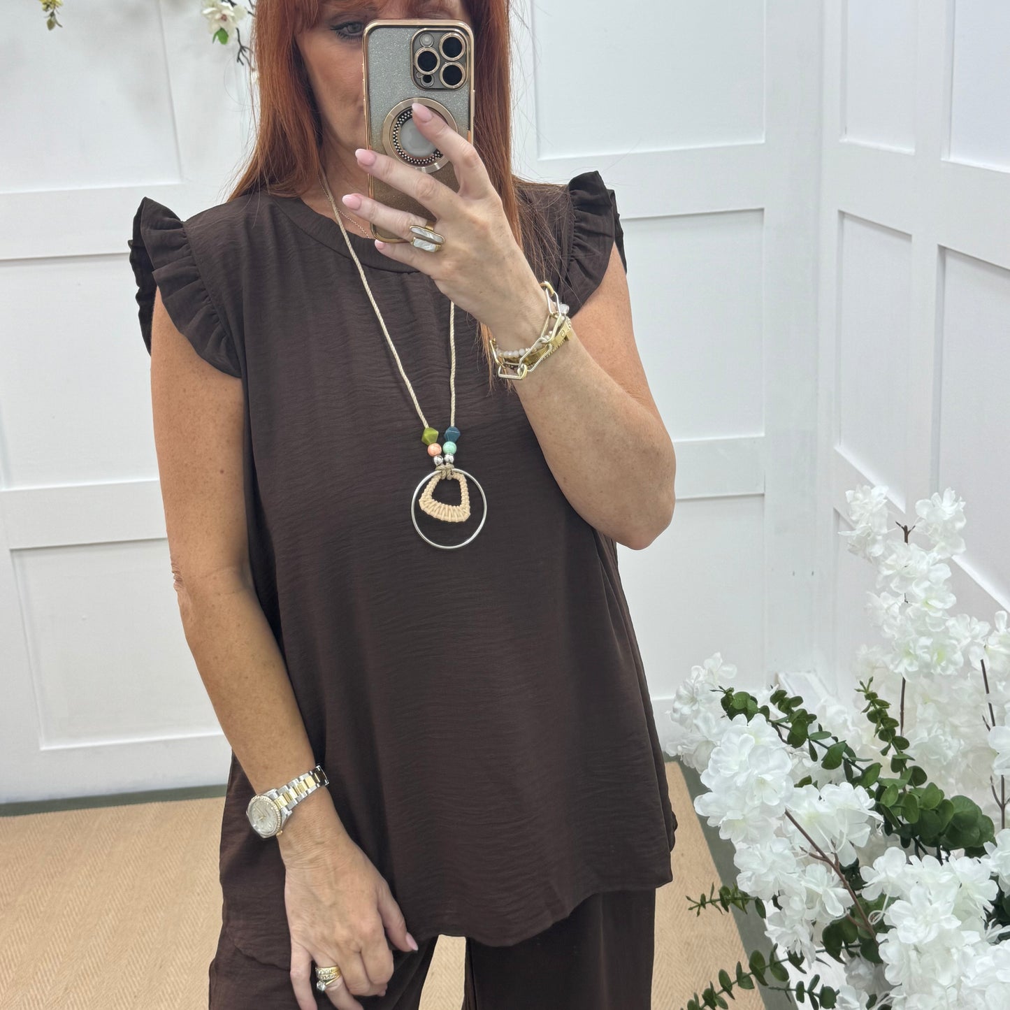 Ember: Brown frill sleeve top & pendant. One size: 14-20