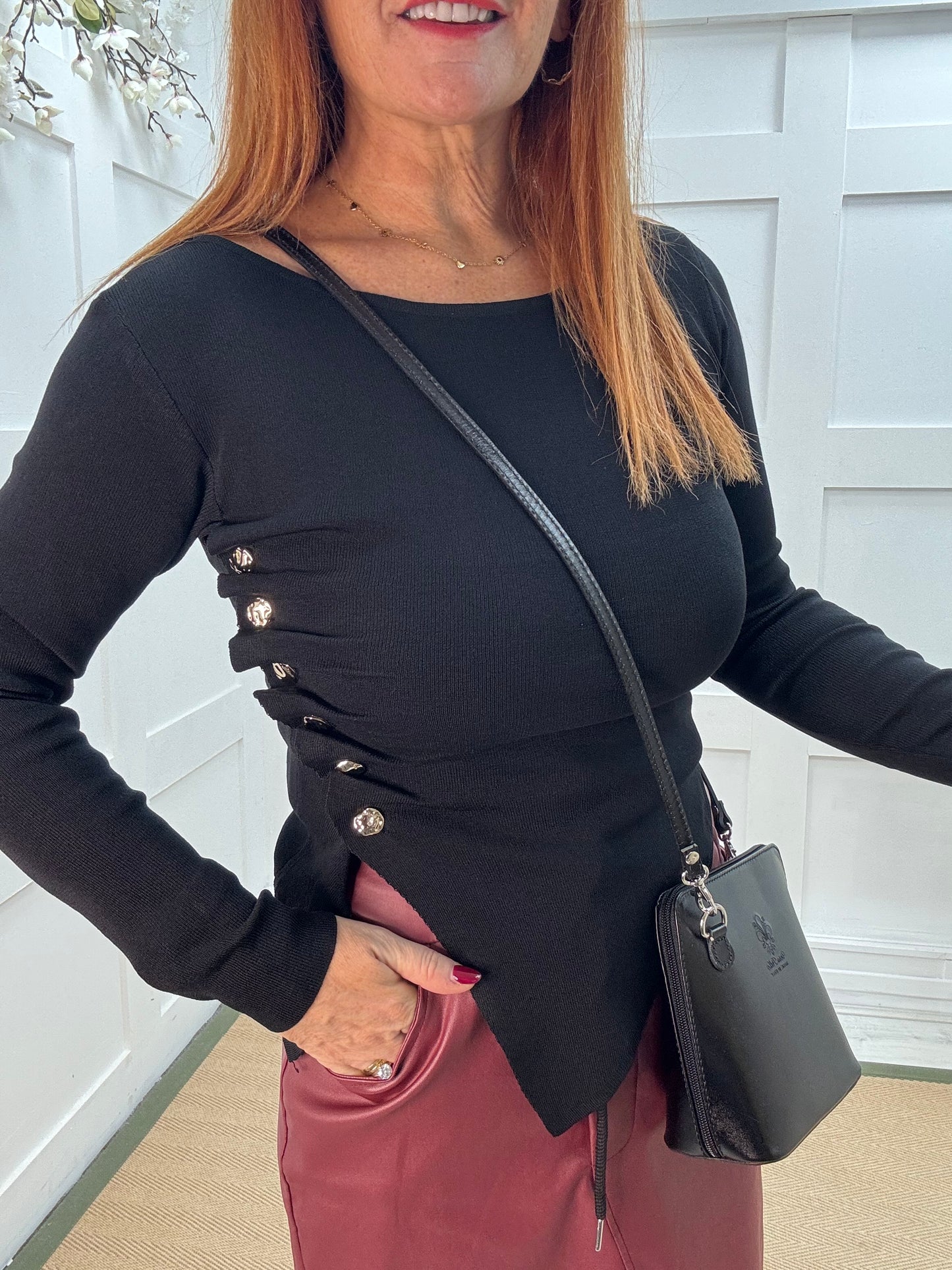 Audra: Black ruched gold button top. 2 sizes
