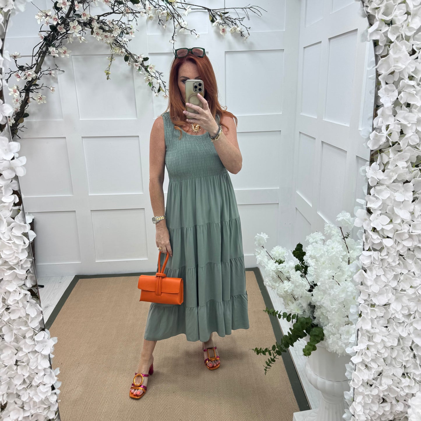 Melody: Khaki shirred midi dress. One size: 12-18
