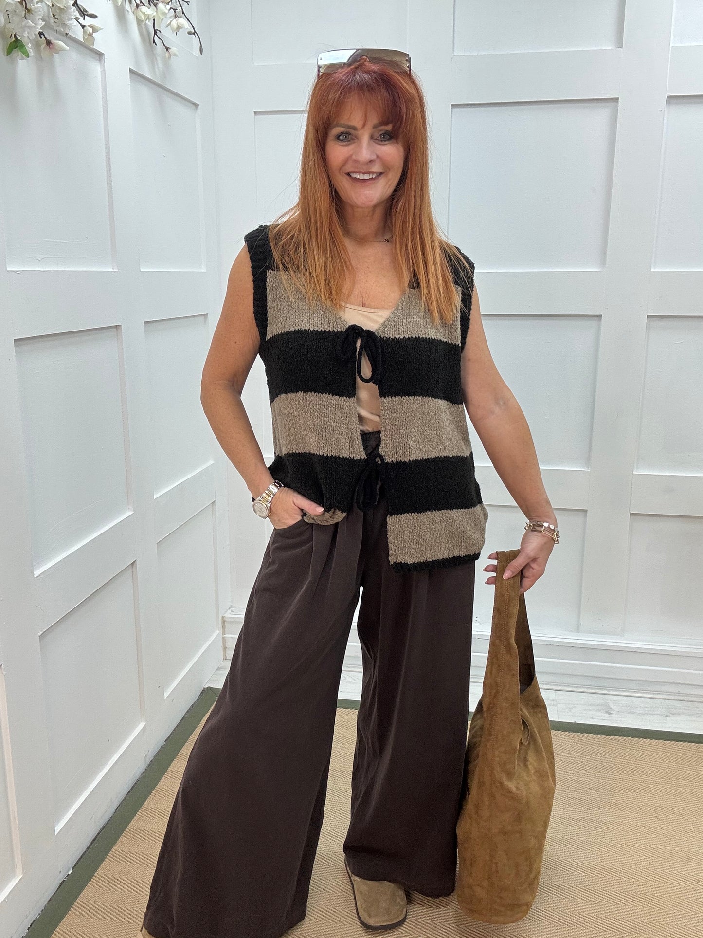 Ava: Black & mocha stripe knitted tie front waistcoat. One size: 12-18