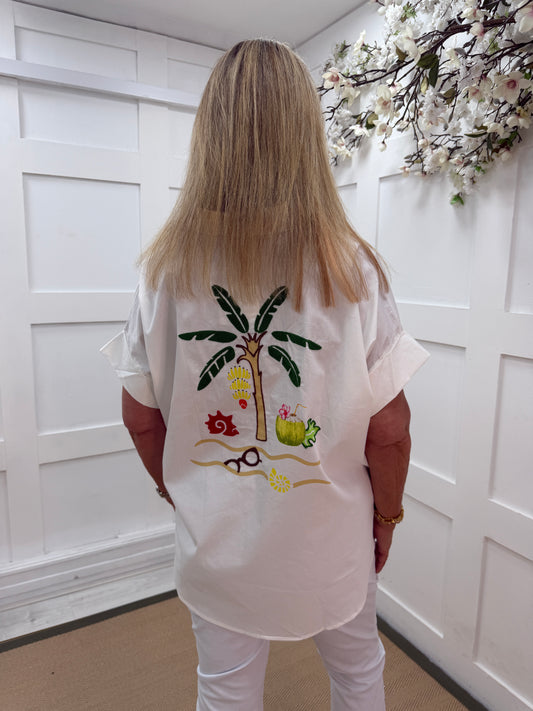 Whitney: White embroidered oversized shirt. One size: 14-20