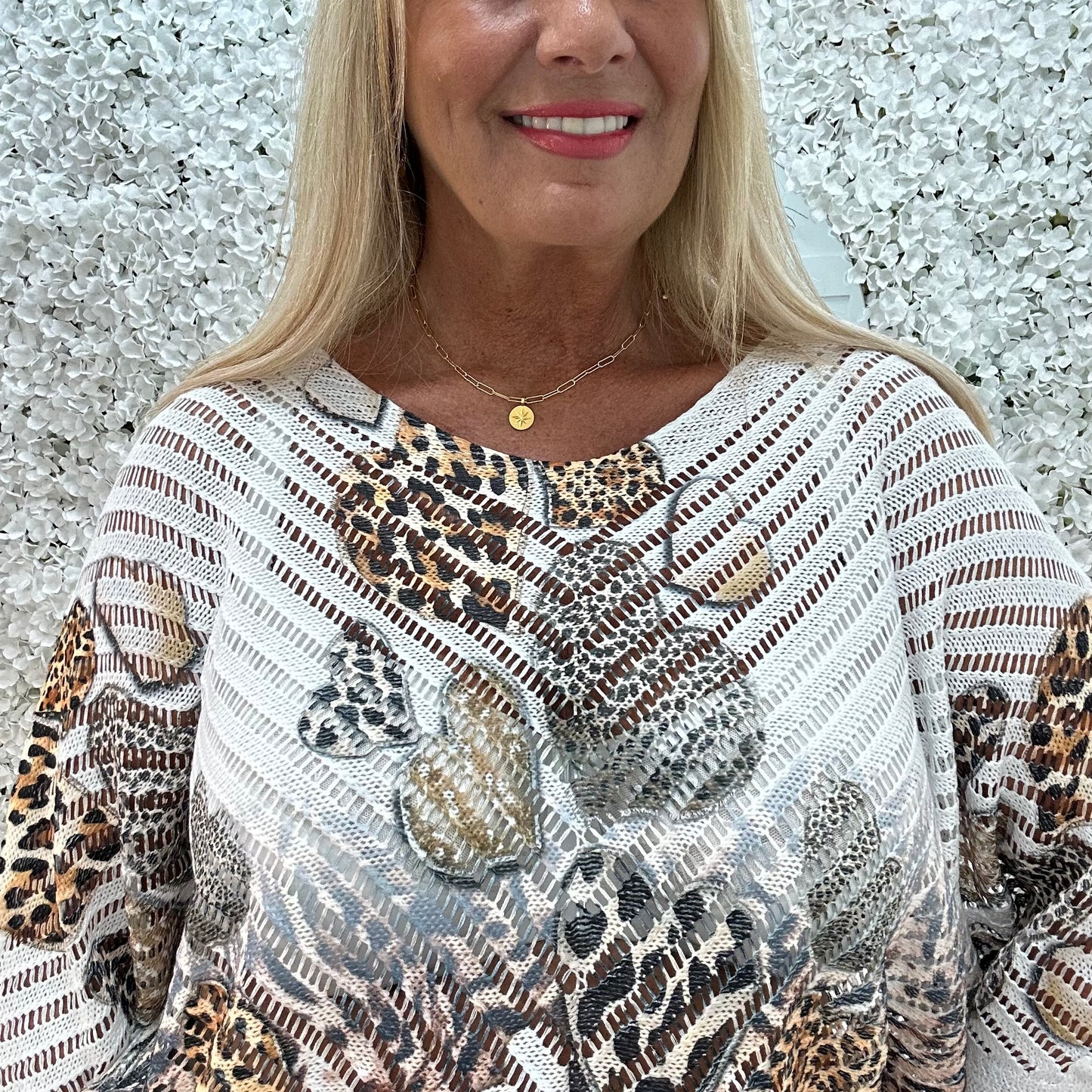 Luna: White leopard print heart V neck top. One size: 12-18