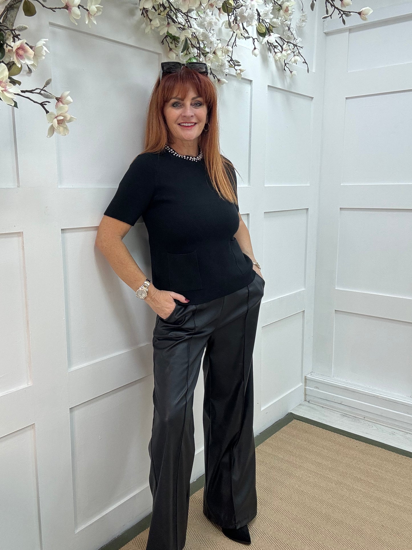 Rosheen: Black rhinestone pocket top. One size: 8-14
