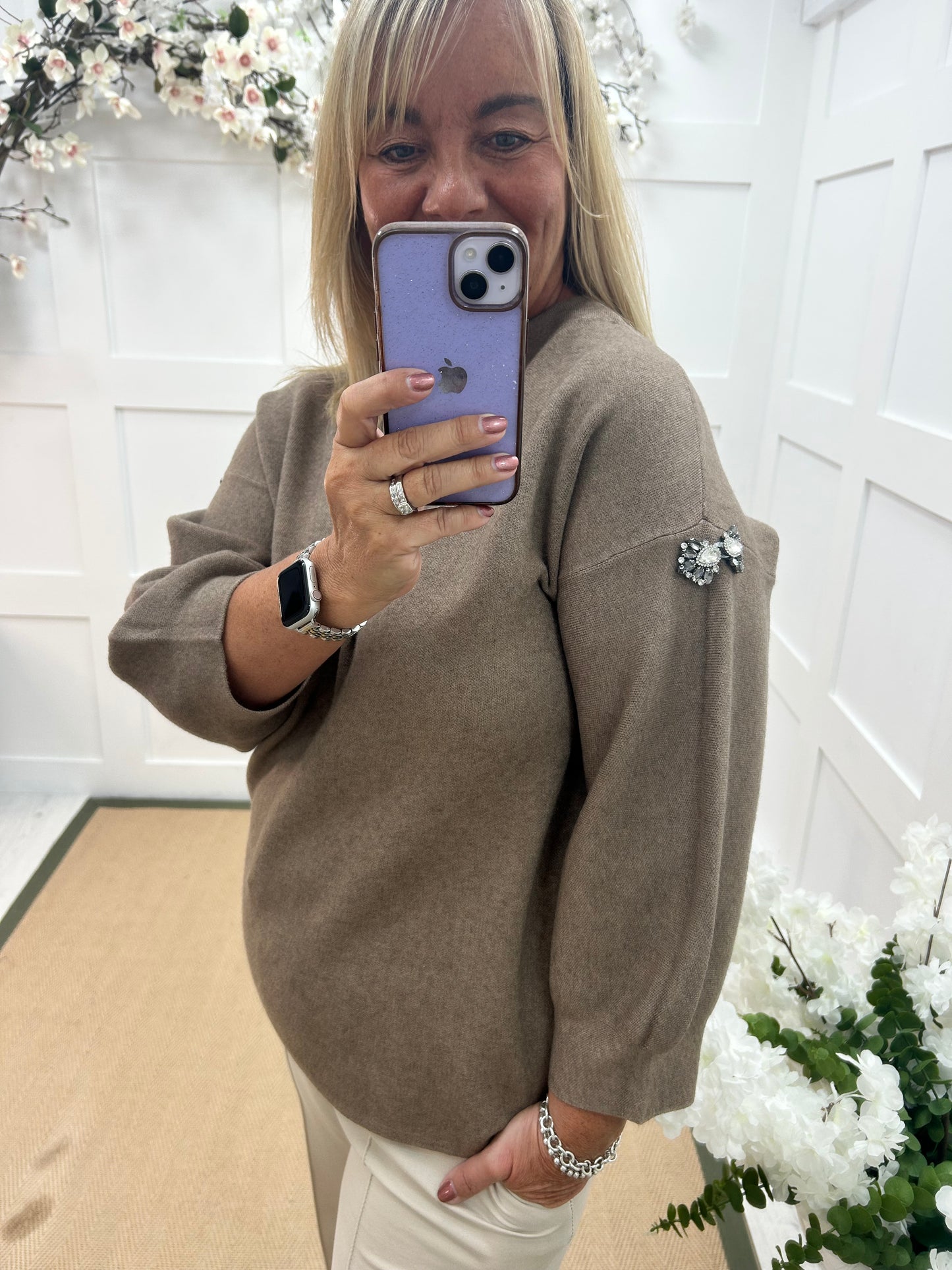 Nikita: Mocha cashmere rhinestone top. One Sz: 12-18