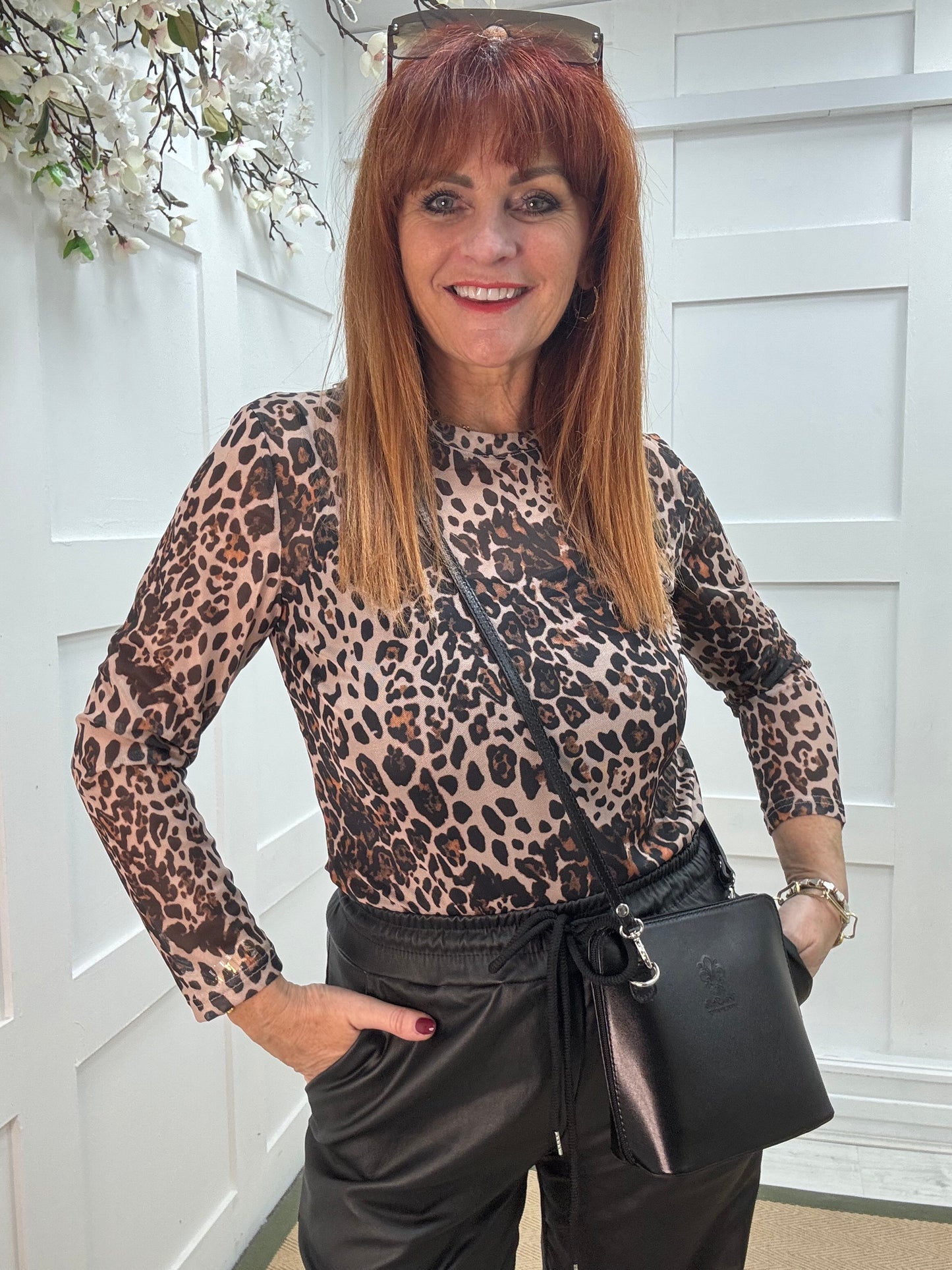 Pamela: Brown leopard print sheer mesh top. 12-18