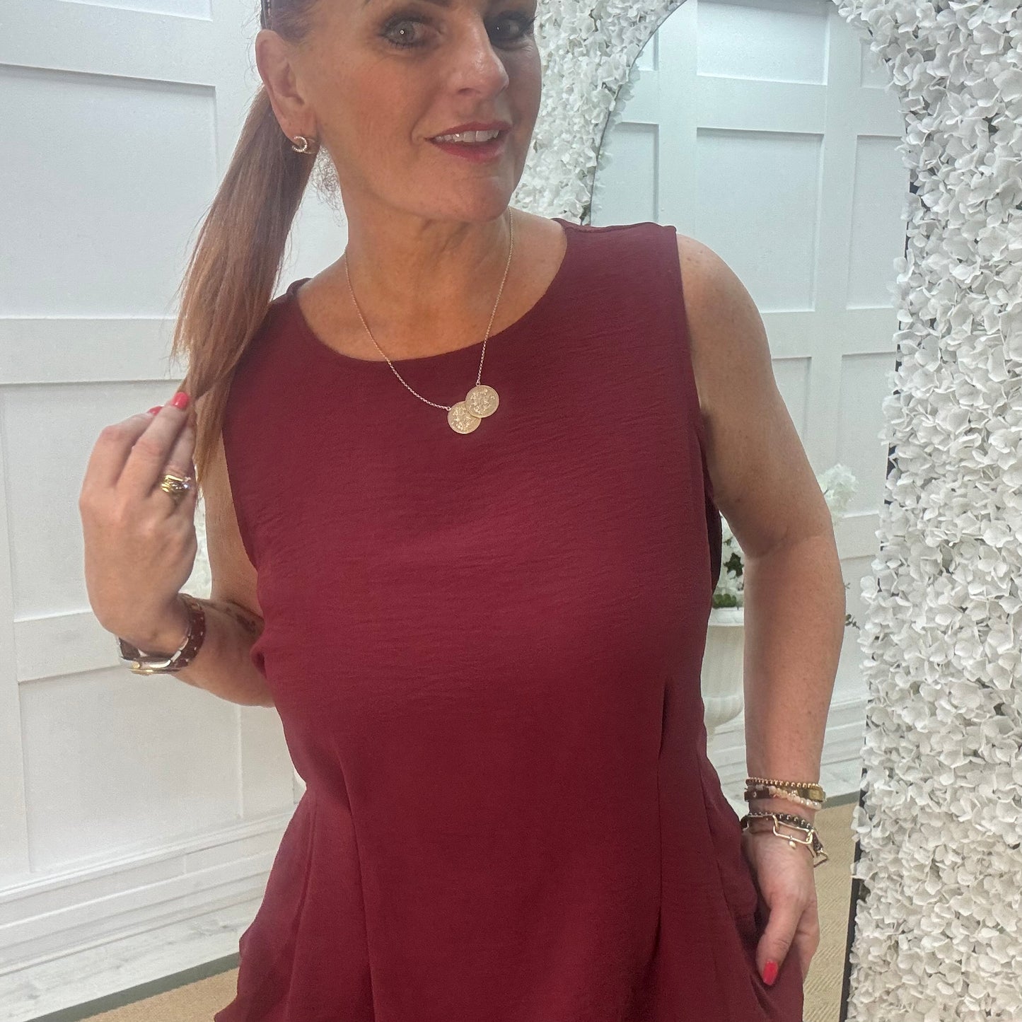 Maisie: Burgundy tie waist peplum top. One size: 14-18