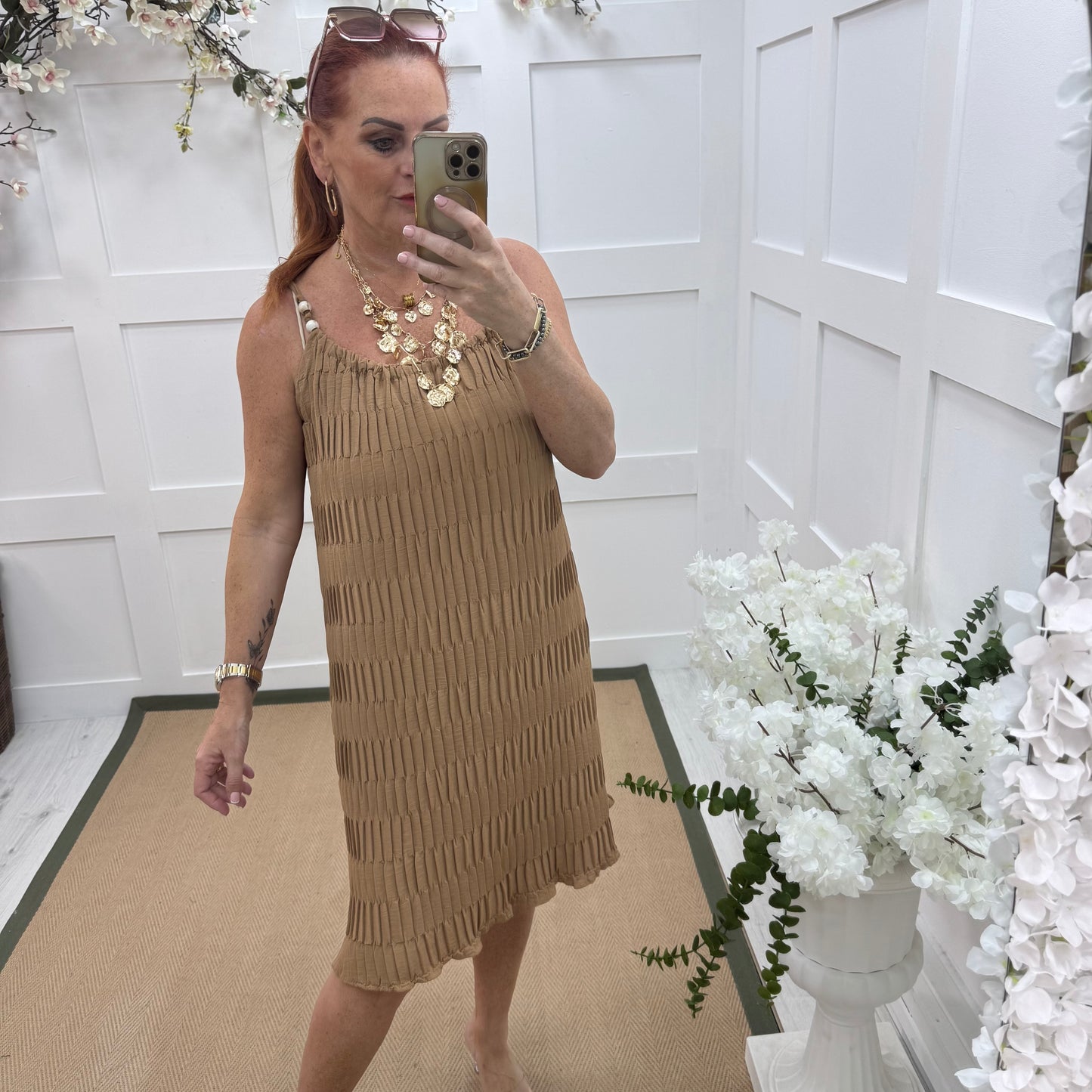 Thea: Sand waffle beaded strappy dress. One size 14-20