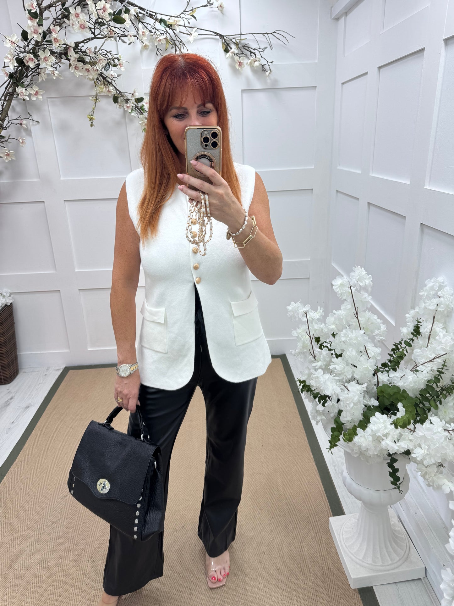 Avalon: White structured knit button waistcoat. One size: 10-16
