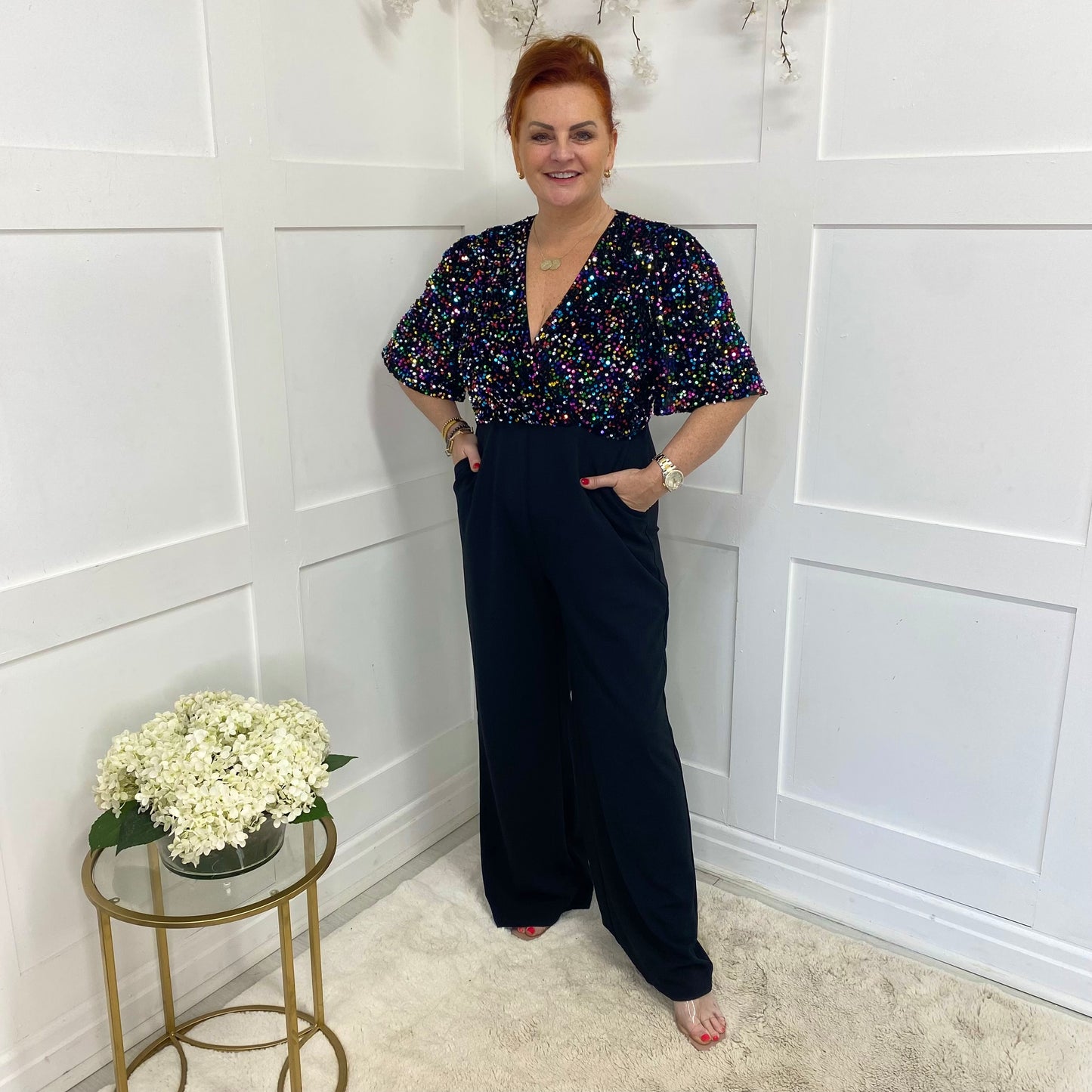 Delphine: Girl in Mind Multicoloured sequin wide leg jumpsuit. Sizes 8-18