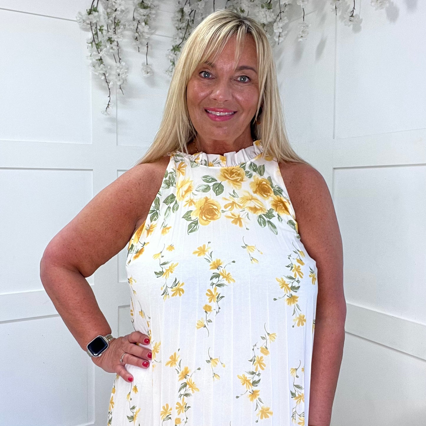 Carla: White & lemon floral pleated midi dress. One size 16-20/22