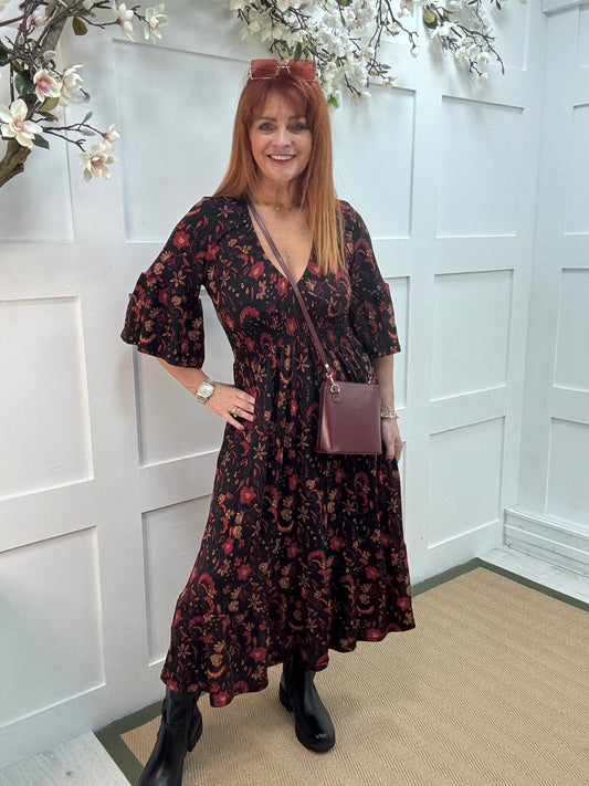 Katia: Black & burgundy floral midi dress. 3 sizes