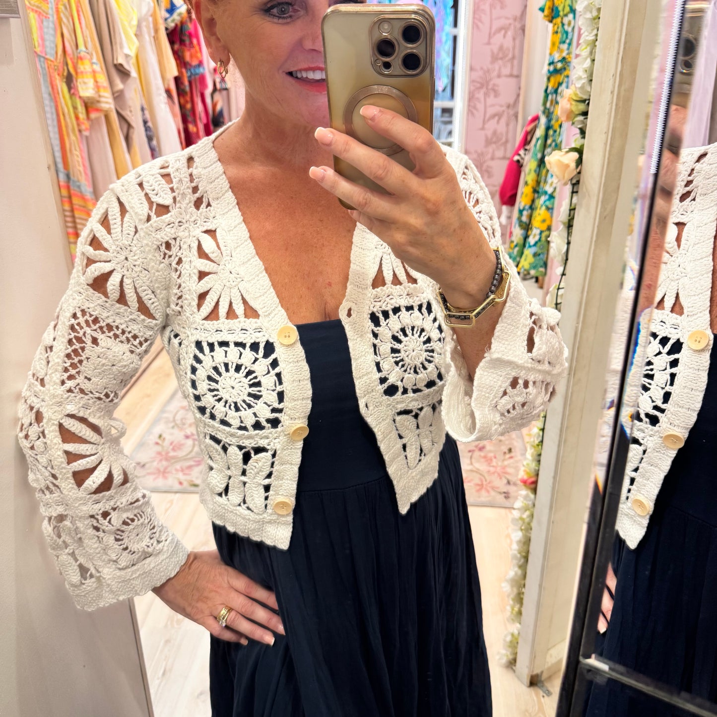 Amy: White crochet knit cardigan top. One size: 10-14