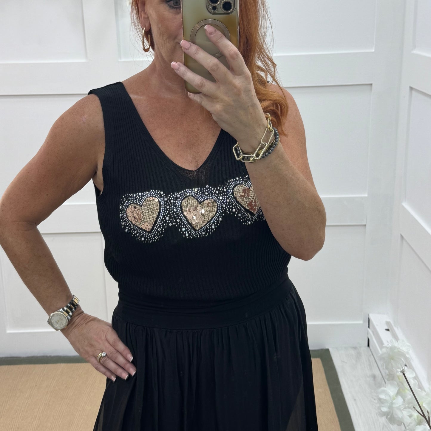 Viola: Black sequin heart stretchy vest top. One size: 12-18