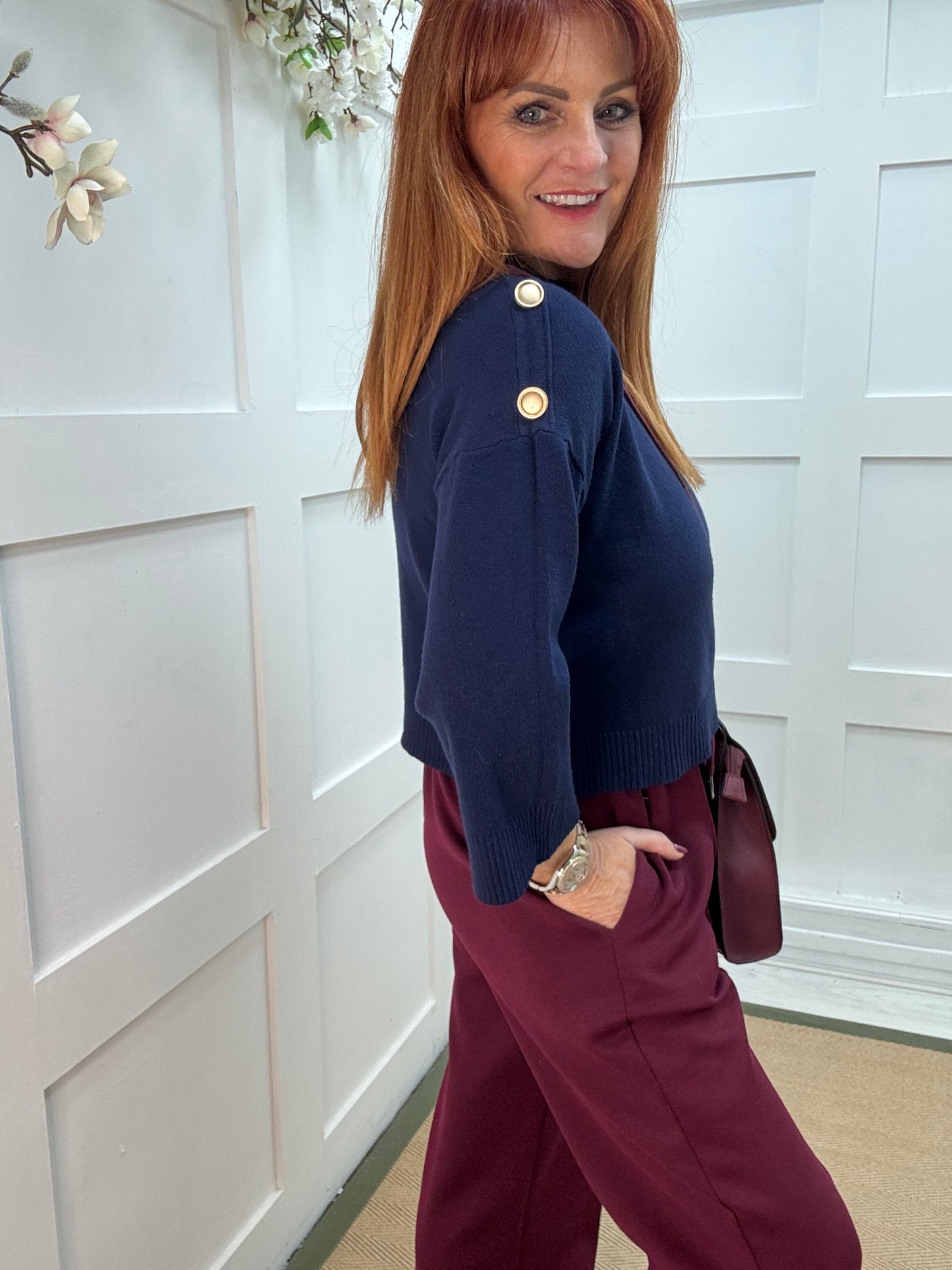 Lorna: Navy gold button knitted top. One Sz: 10-16
