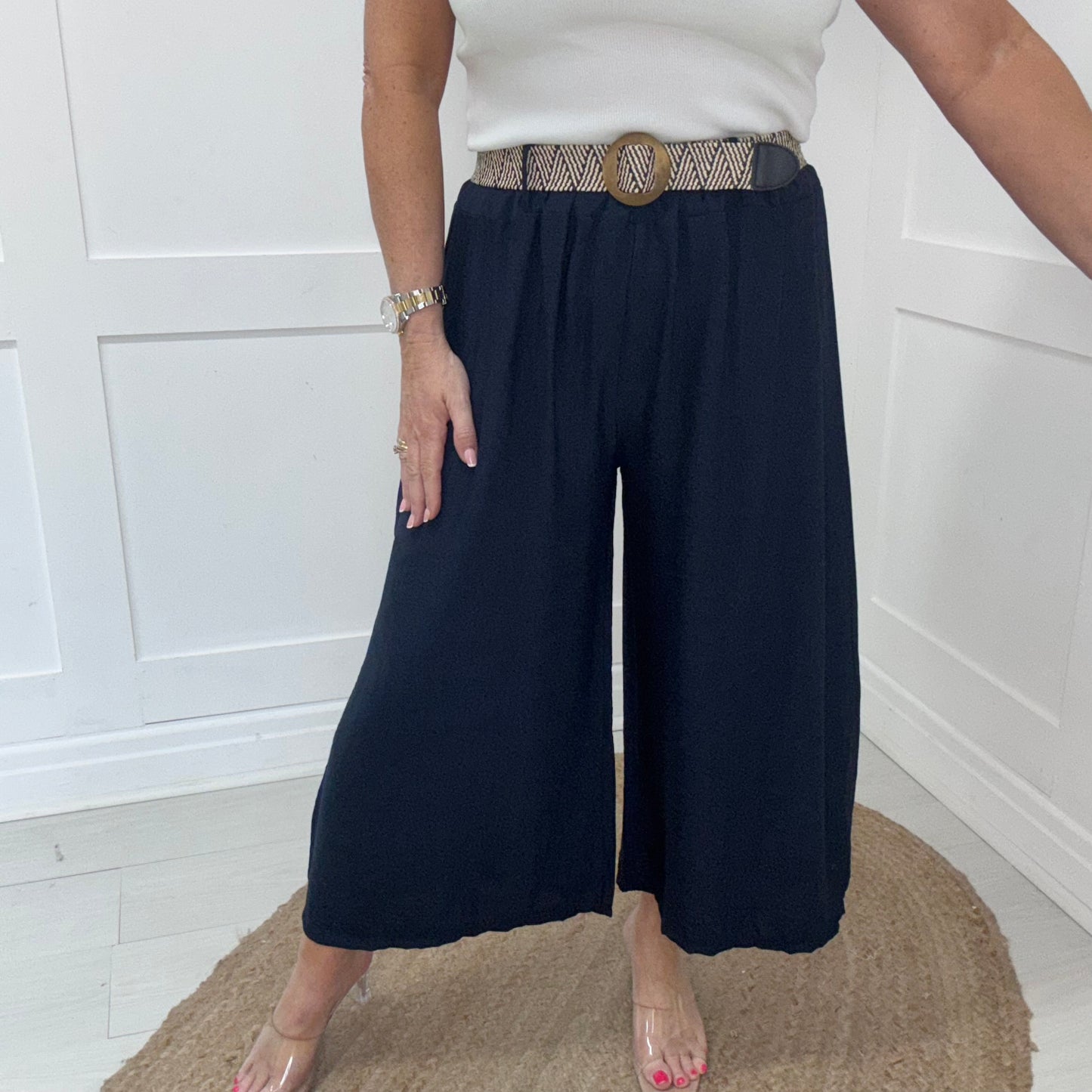 Jessica: Navy belted 3/4 palazzo trousers. One size: 8-14