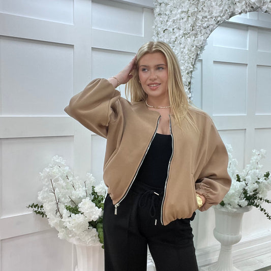 Jamiee: Sand soft feel bomber jacket. One size: 8-16