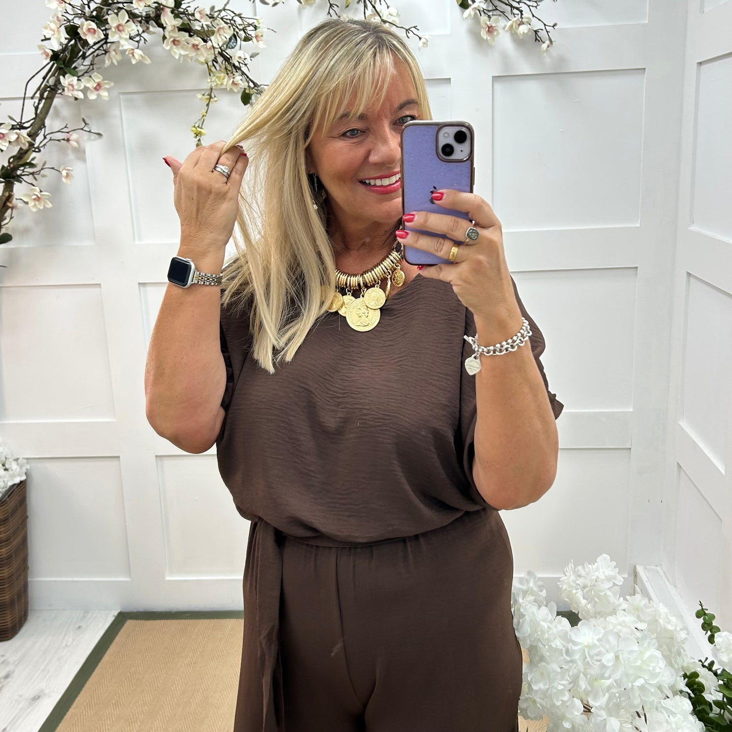 Jessica: Brown wide leg jumpsuit. One size: 14-18