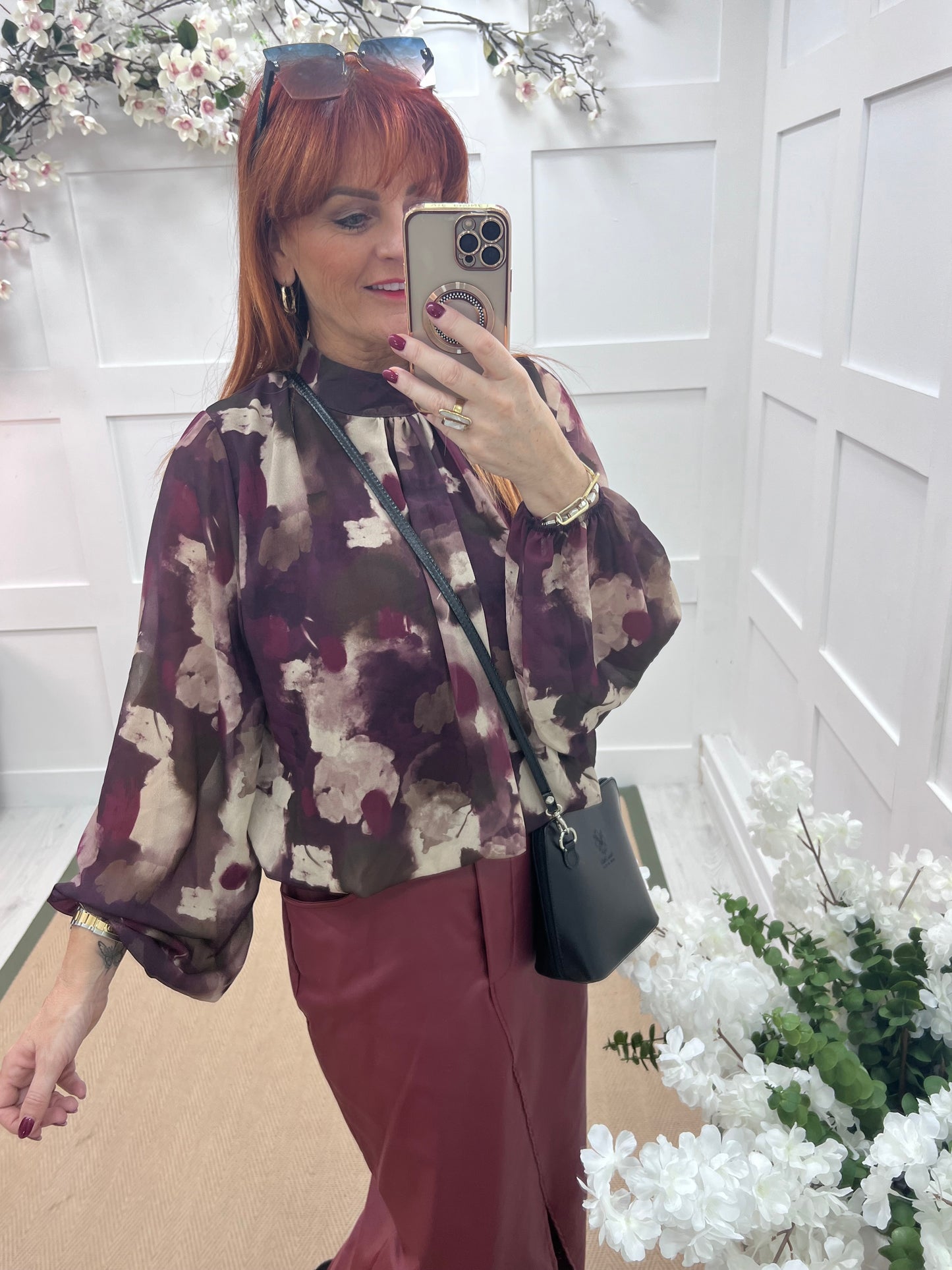 Holly: Burgundy & cream print high neck top. One size: 10-16