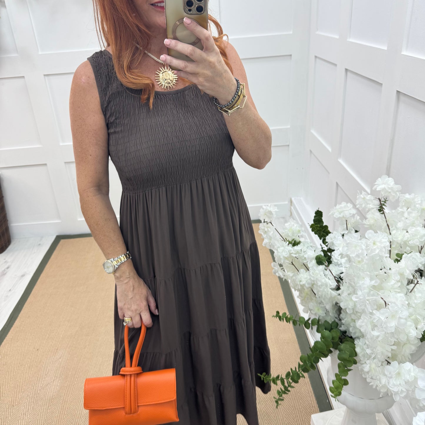 Melody: Brown shirred midi dress. One size: 12-18