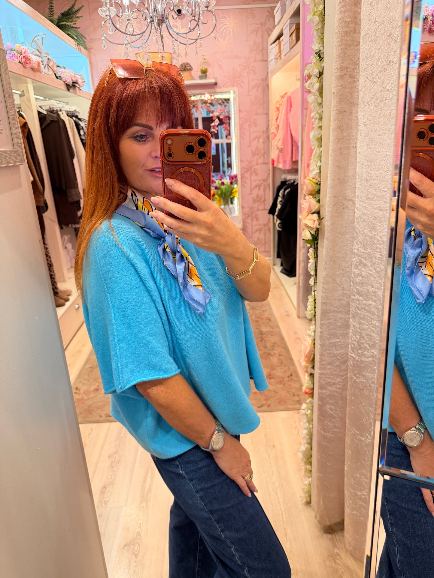 Carrie: Azure blue short knitted top. One size: 12-18/20