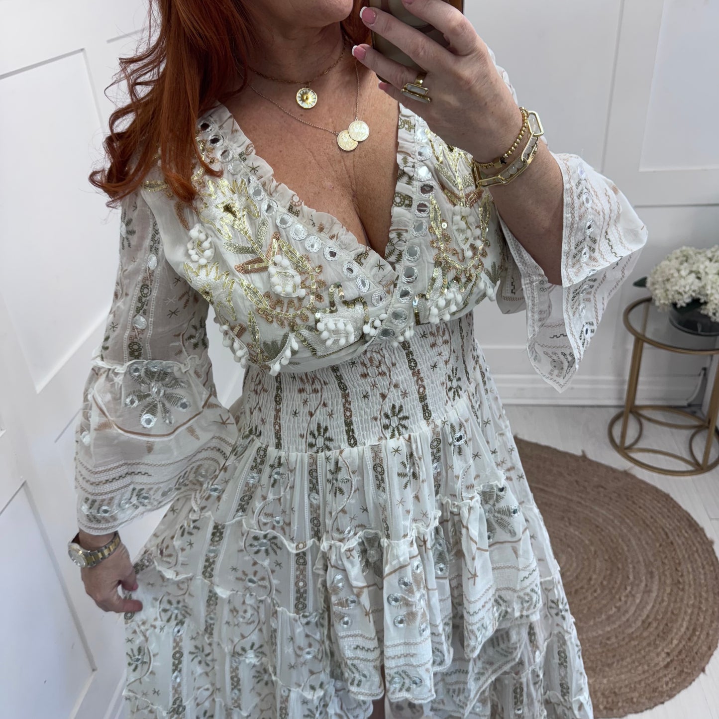 Purdy: White embroidered high low dress. One size: 12-16/18