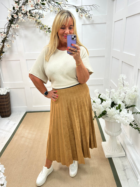 Mara: Tan suedette pleated maxi skirt. One size: 12-16