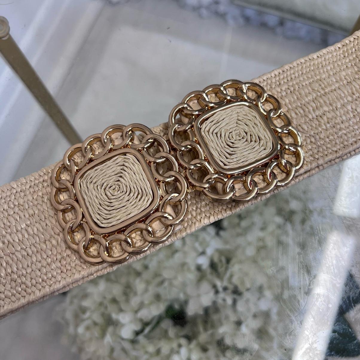 Ruthie: Stretchy raffia belt with gold buckle. One Size 10-18