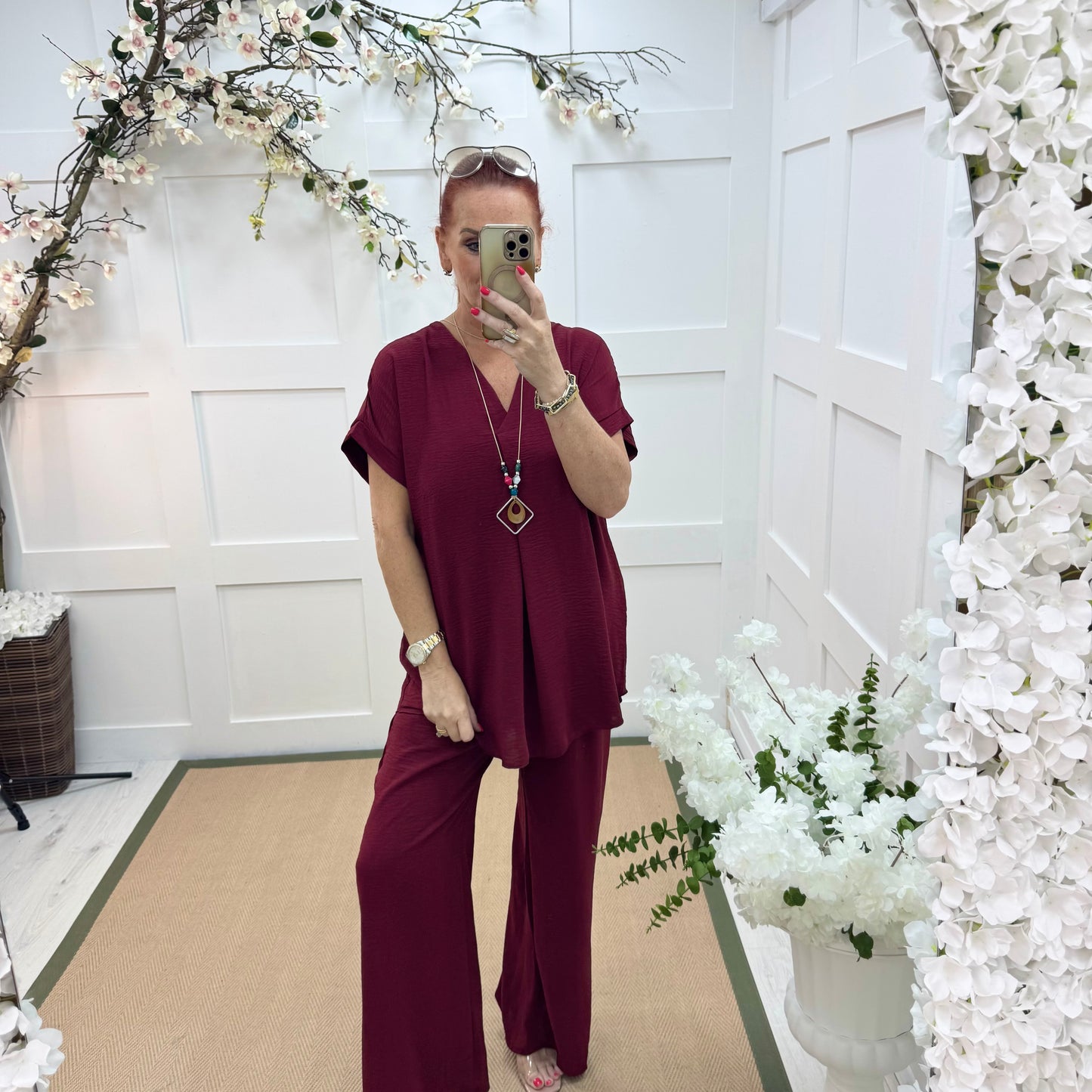 Eliza: Burgundy V neck top & pendant. One size: 14-20