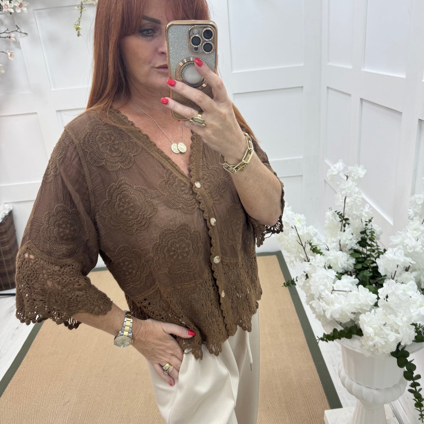 Effie: Brown embroidered cardigan top. One size: 12-18