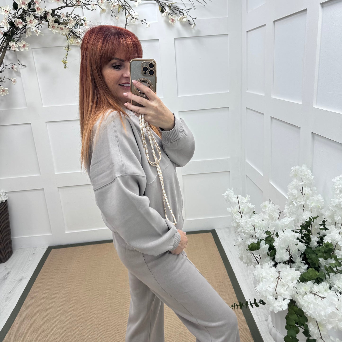 Ginny: Taupe bomber jacket & trouser set. Sizes: 8-14