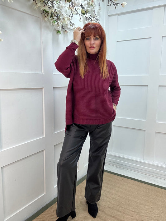 CJ: Burgundy high neck knitted top. One Sz: 12-18