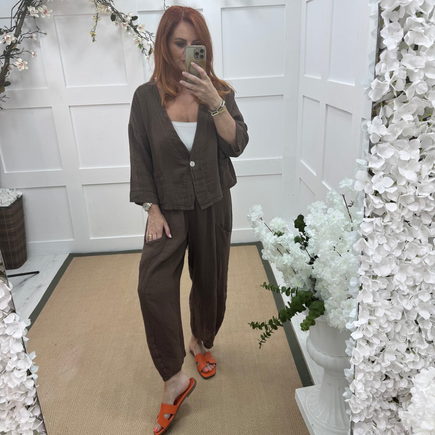 Kelsey: Brown jacket & trouser co-ord set. One size: 14-20/22