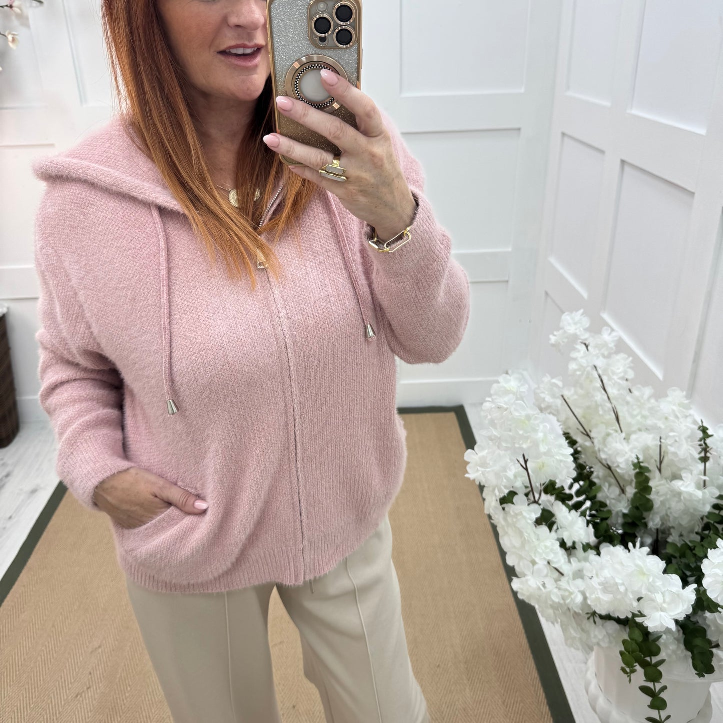 Teddi: Pink soft knit hooded top. 2 sizes
