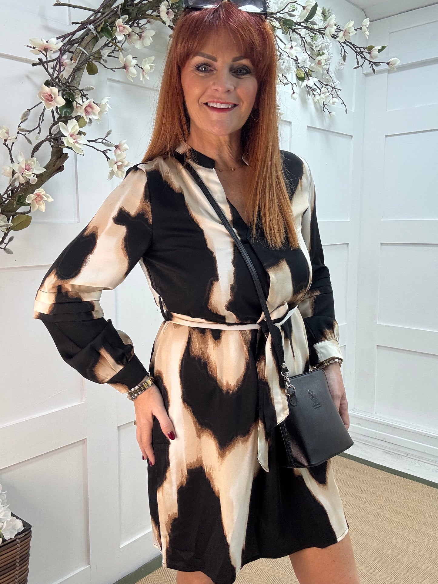 Lana: Black & cream print belted shirt dress.