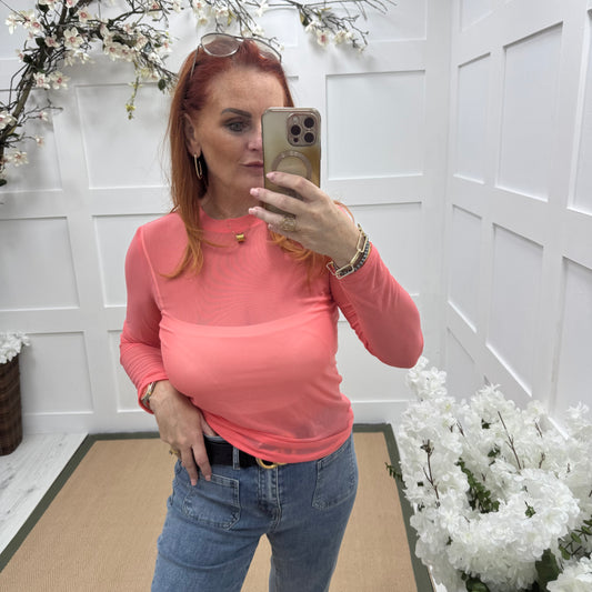 Romy: Coral sheer mesh top. One Sz: 12-18