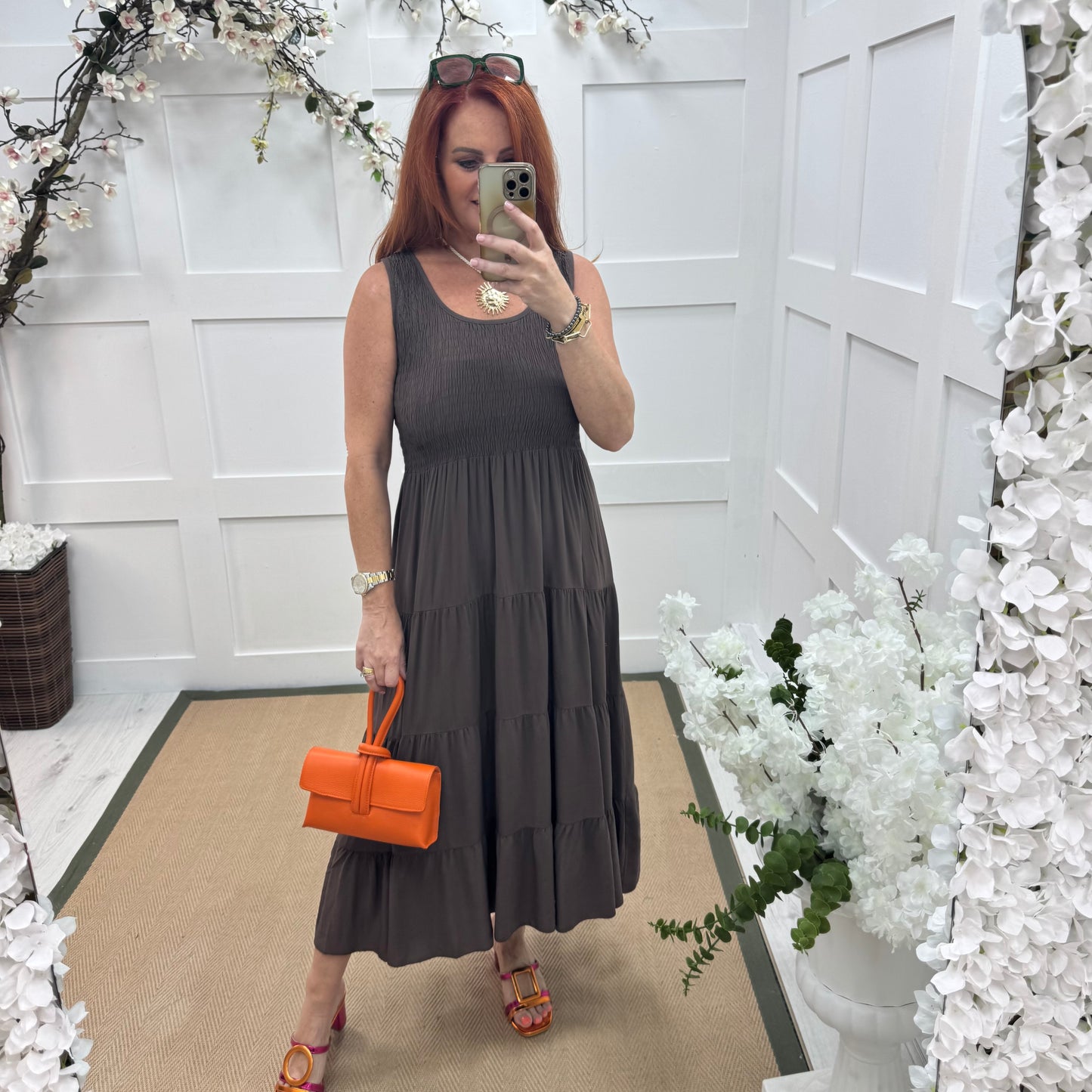 Melody: Brown shirred midi dress. One size: 12-18