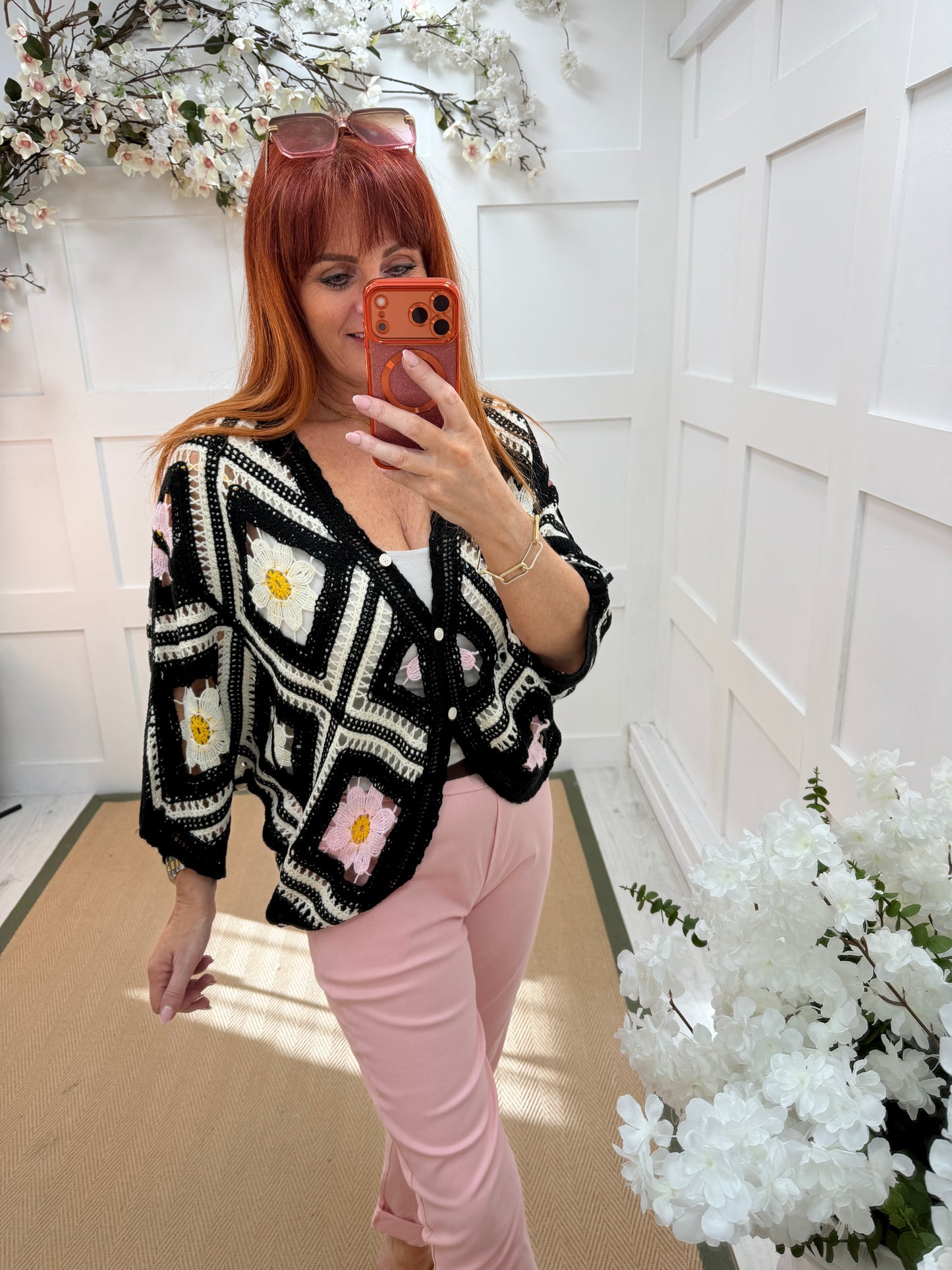 Daisy: Black floral 3/4 sleeve crochet top. One size: 12-18