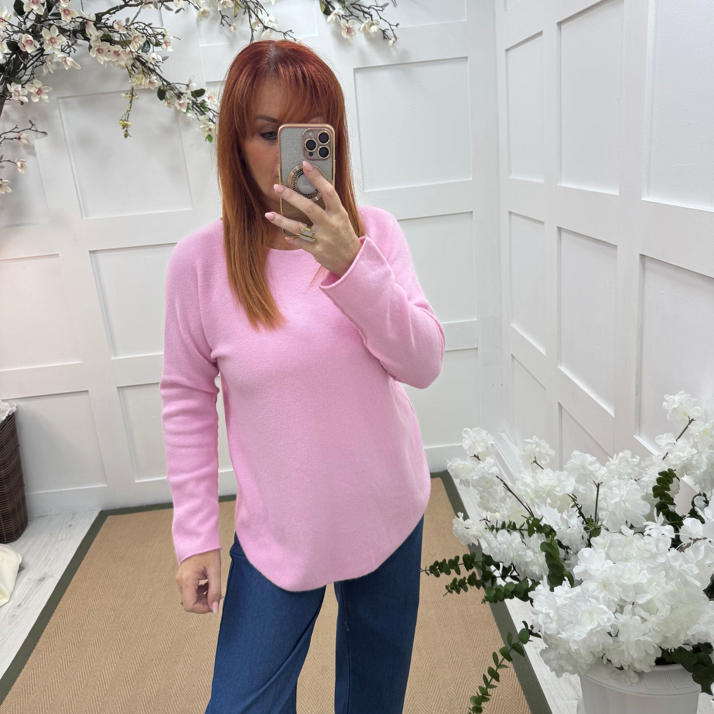 Mindy: Pink plain long sleeve knit top. One size: 10-16/18