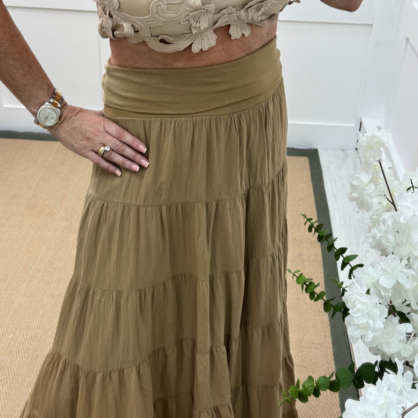 Pearl: Sand cotton tiered maxi skirt dress. One size: 10-16