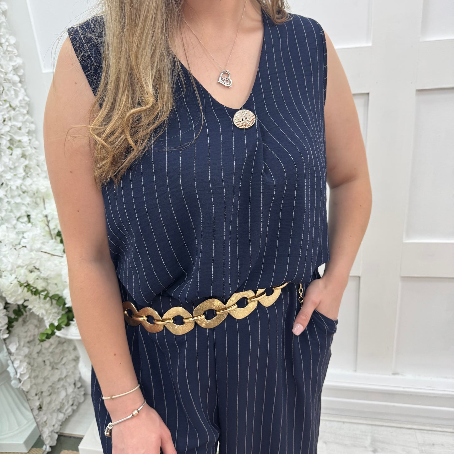 Sasha: Navy pinstripe v neck top. One size: 16-22
