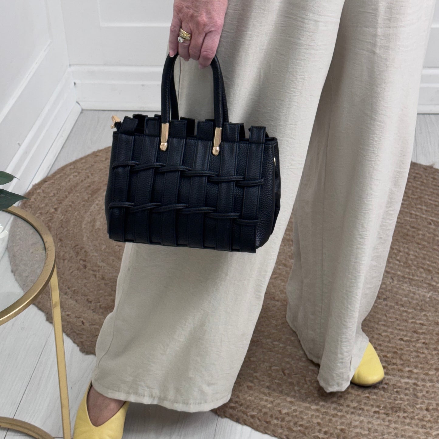 Misha: Small black weave tote bag