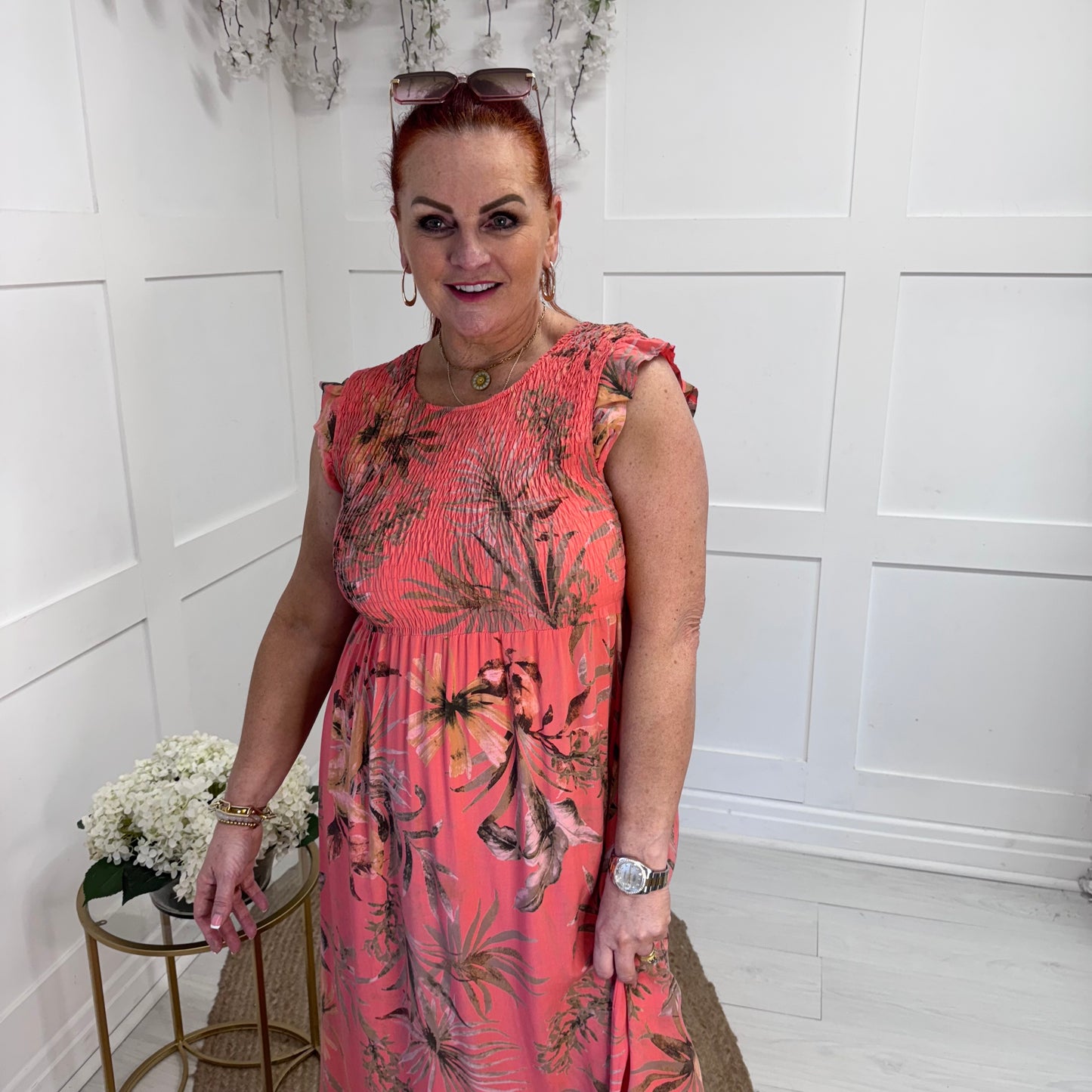 Sophia: Coral tropical print midi dress. One size 8-16/18
