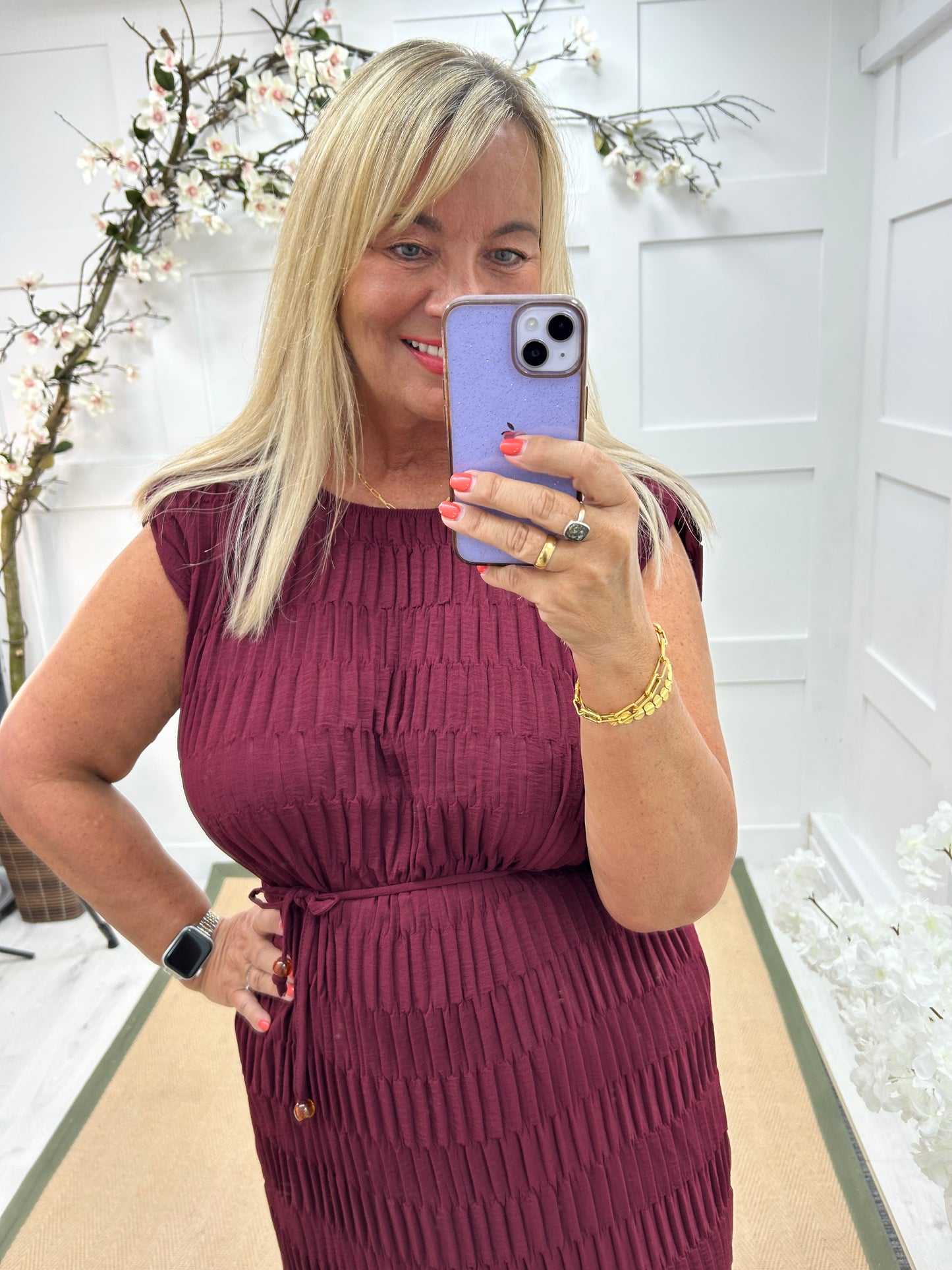 Serena: Burgundy waffle belted midi dress. One size 14-20