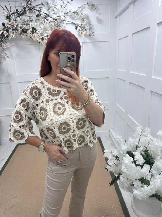 Candy: Mocha and cream short crochet top. One size: 12-16