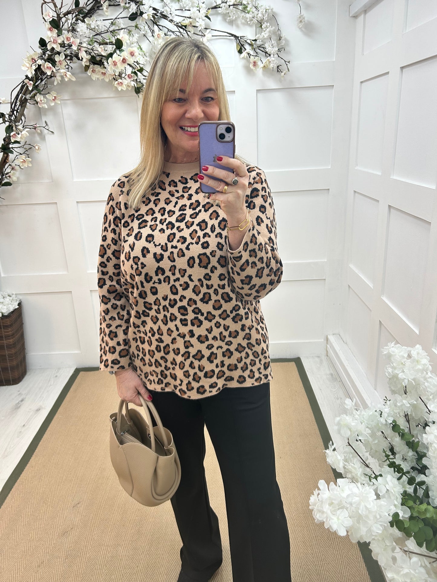 Mimi: Camel leopard print long sleeve knit top. One size: 12-16