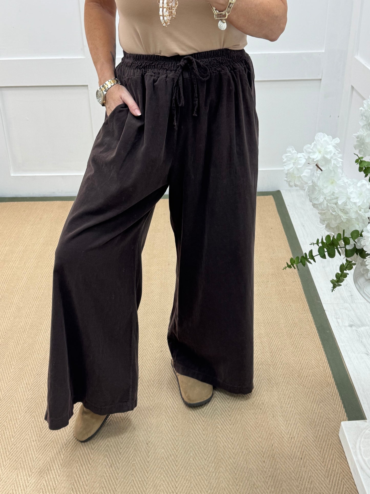 Lark: Brown needle cord wide trousers. One Size: 8-16